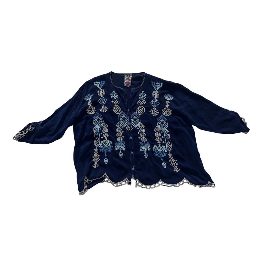 Johnny Was Boho Embroidered Button Up Blouse Sz M Luxury cottagecore sheer